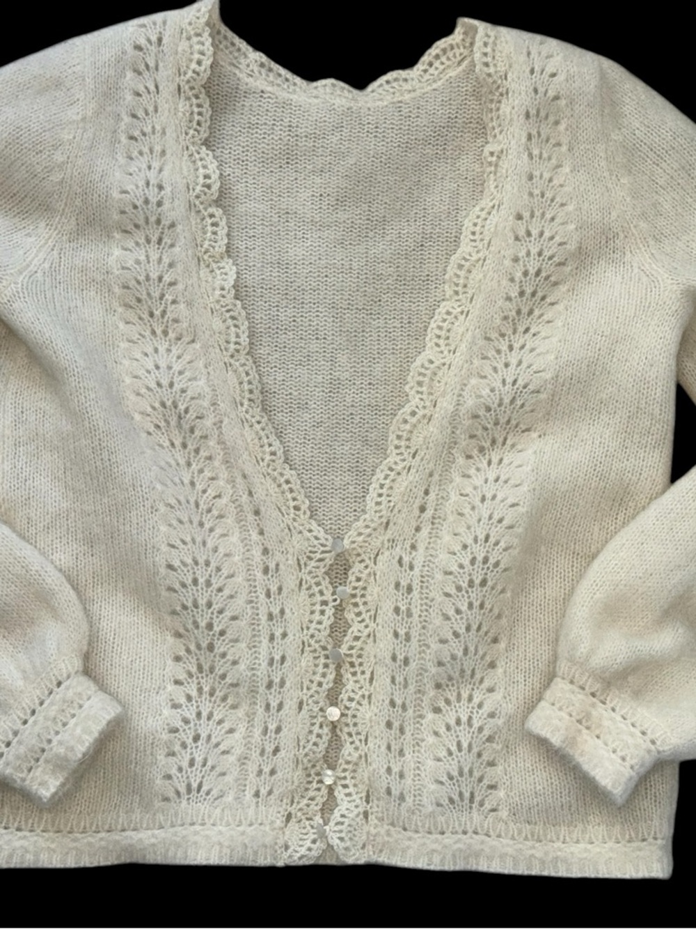 Sezane Cream Lace-Trim V-Neck/Back (reversible) Cardigan
